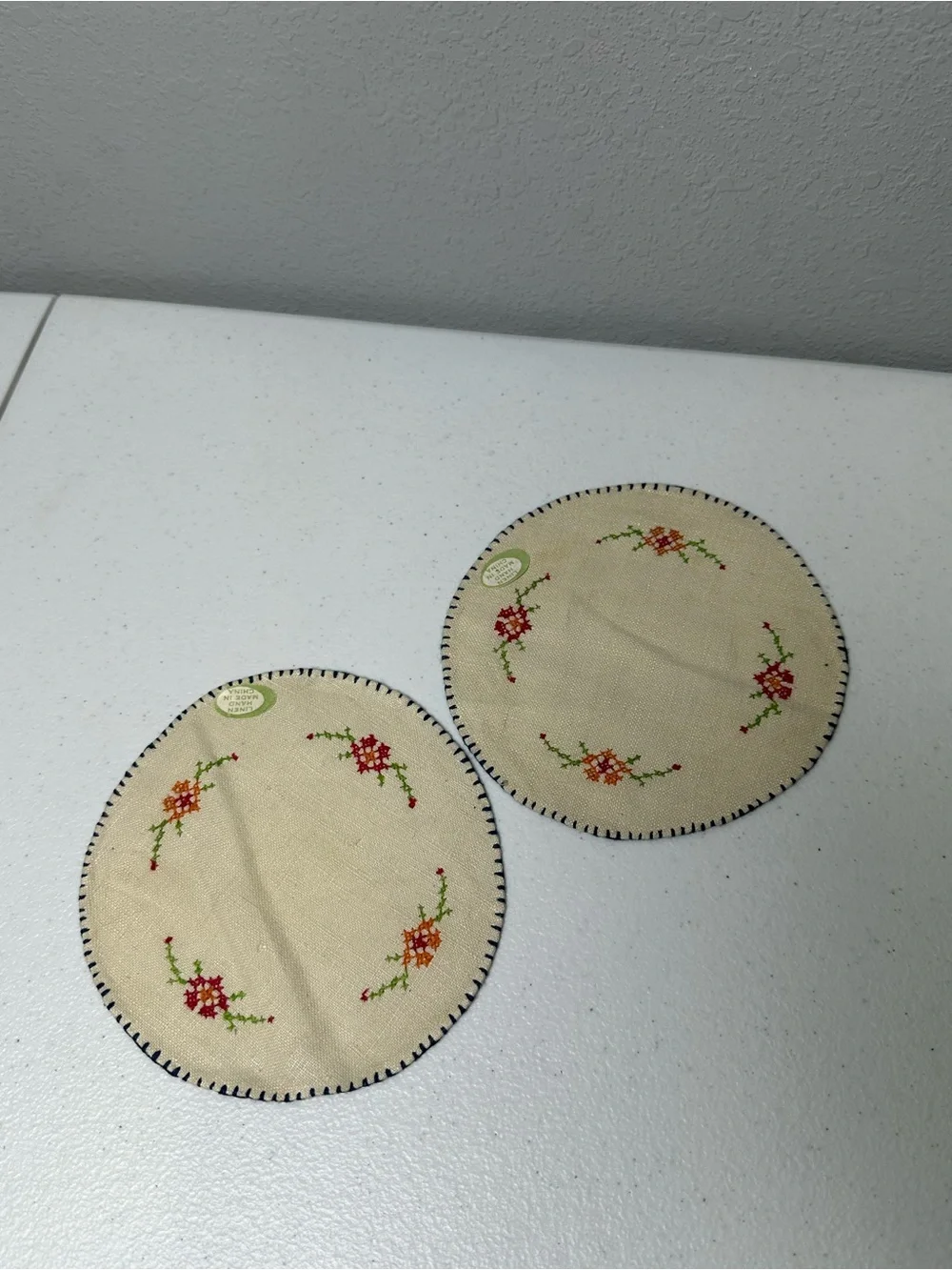 Hand-Embroidered Beige Floral Round Doilies Set - Neutral Table Accents